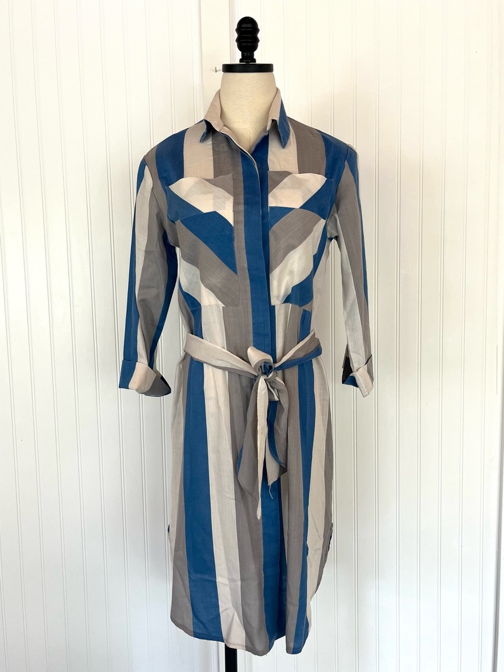 Vintage Shirt Dress Medium Blue & Gray Striped Button-Up Long Casual Waist Tie